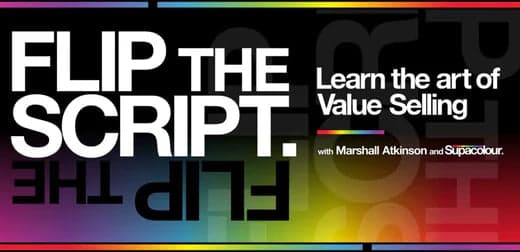 Flip the Script value selling course promotional banner with Marshall Atkinson and Supacolor