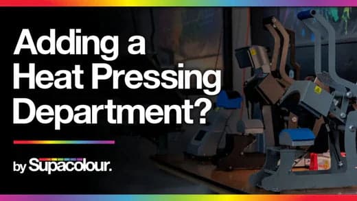 Heat pressing equipment and supplies displayed with blog post title about adding heat pressing to printing business