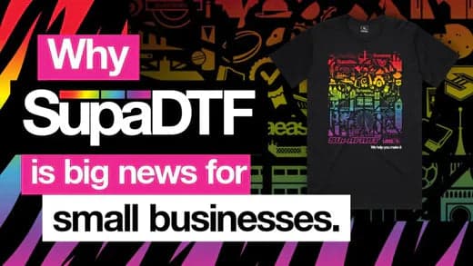Blog graphic explaining SupaDTF benefits for small businesses with t-shirt mockup example